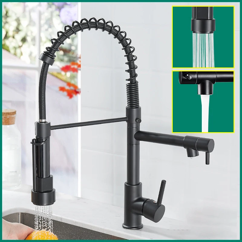 Black And Chrome Spring Pull Down Kitchen Sink Faucet Hot & Cold Water