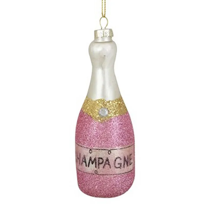 Custom glitter decal hand blown glass champagne bottle christmas tree hanging baubles ornaments xmas decoration gift craft ideas manufacture