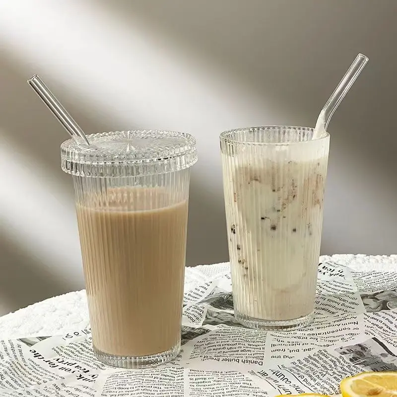 Best Gift Custom Ribbed Simple Vertical Stripe Glass Ice Coffee Tea Milk Mug Tumblers Cups With Lids And Straws