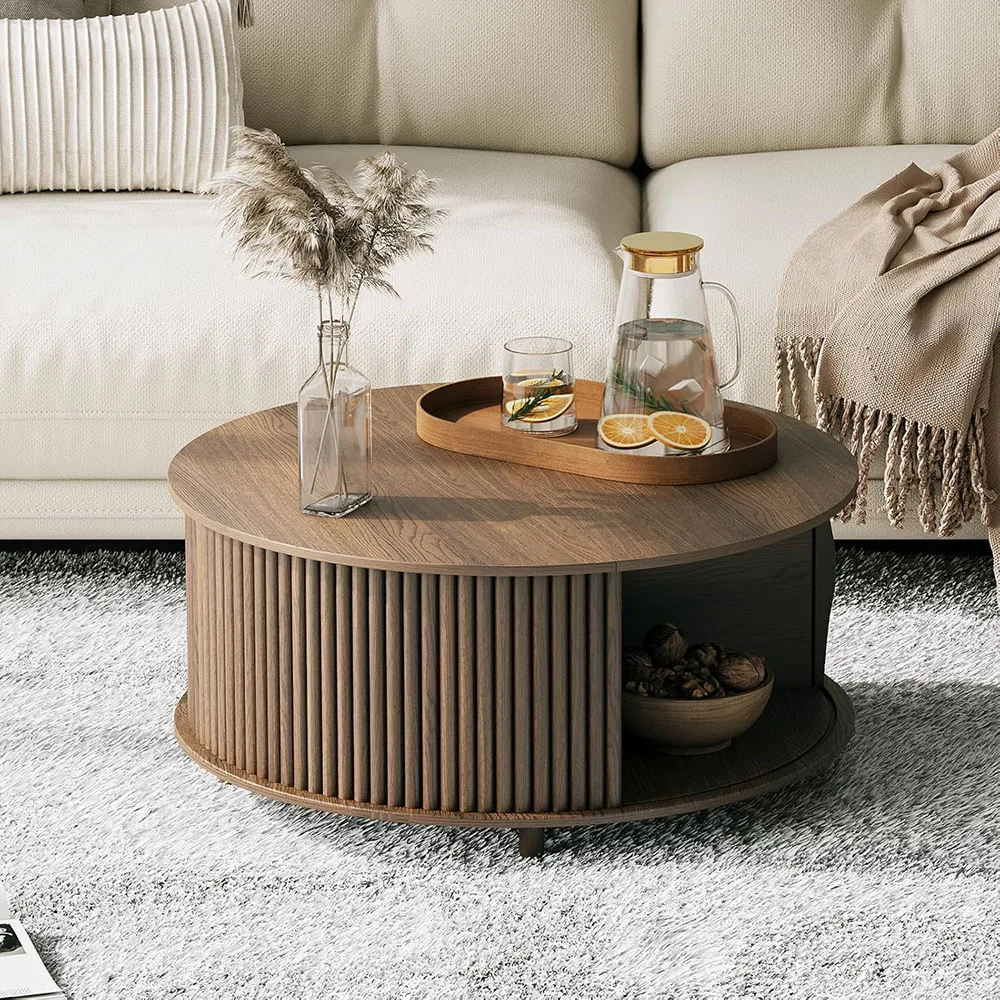 Mid Century Modern Luxury Wood Coffee Table with Sliding Cabinet Door Walnut Small Center Table Living Room Storage Coffee Table supplier