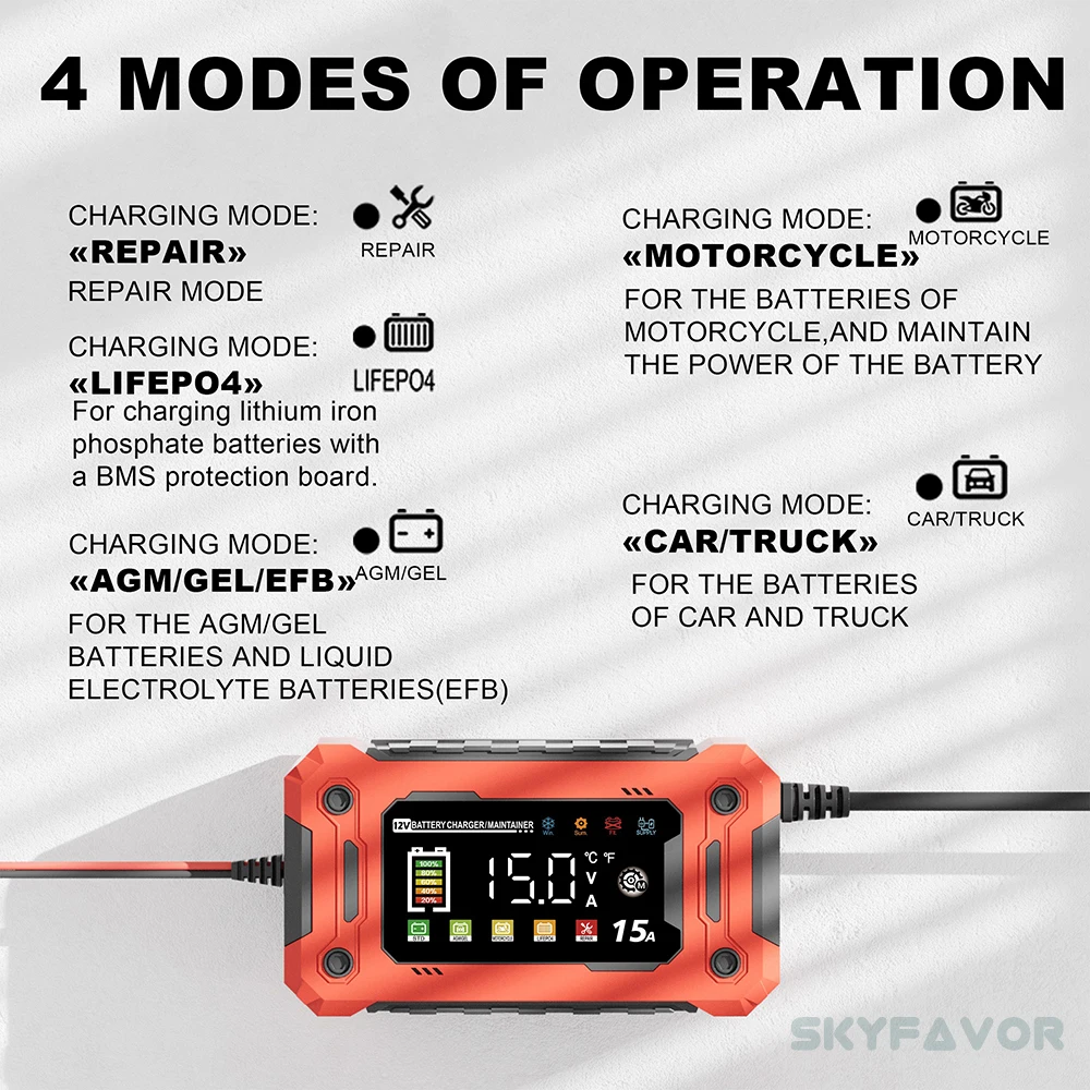 New products 12V battery charger 12V 15A power supply function automatic Universal agm gel lead-acid lifepo4 battery charger