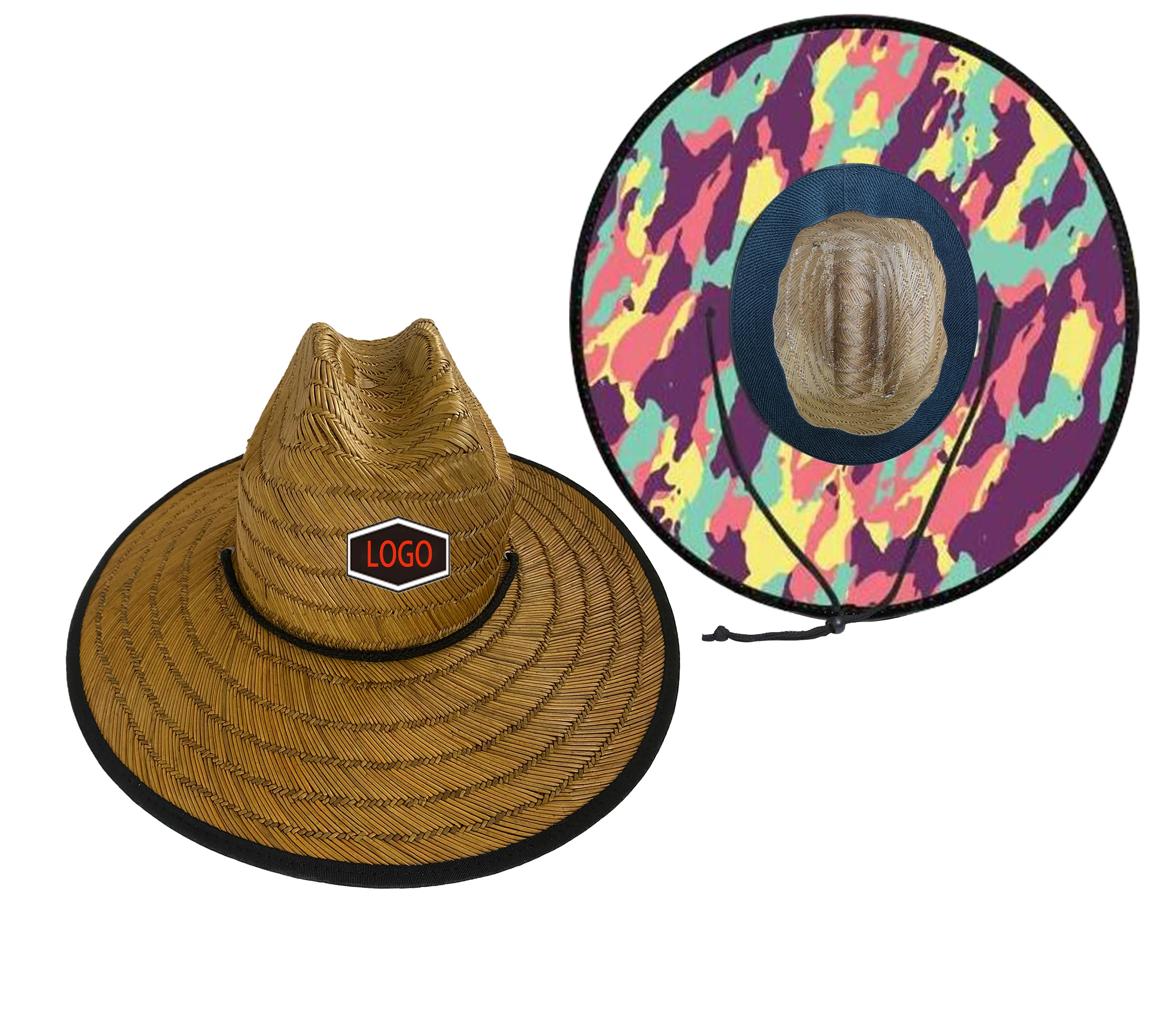 Custom Straw Lifeguard Hats with Patch Logo Printed Under Brim