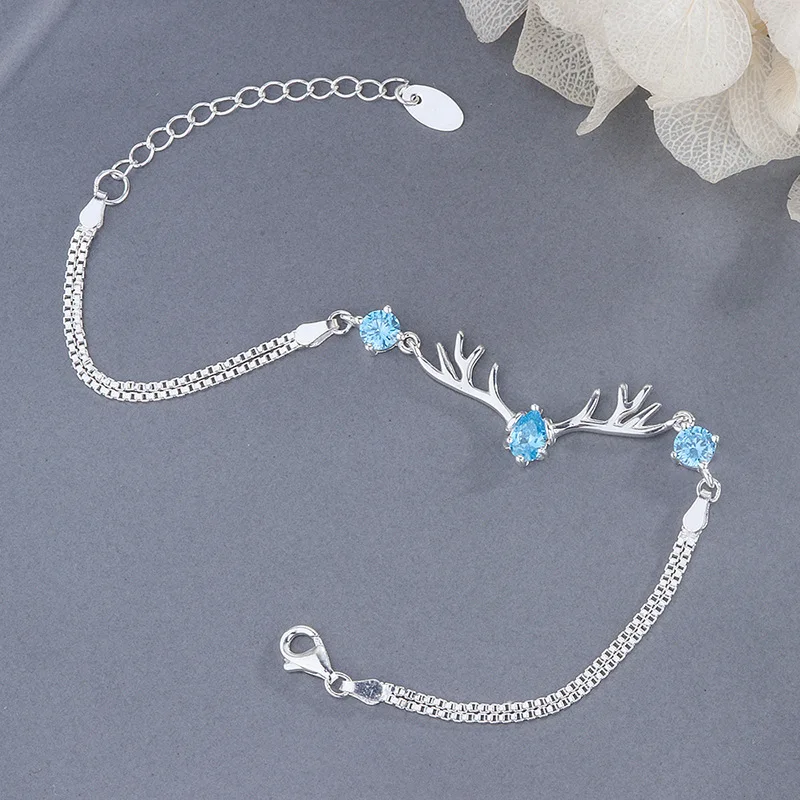 charm heart antlers silver chain bracelets women,925 sterling silver diamond bracelets jewelry OEM