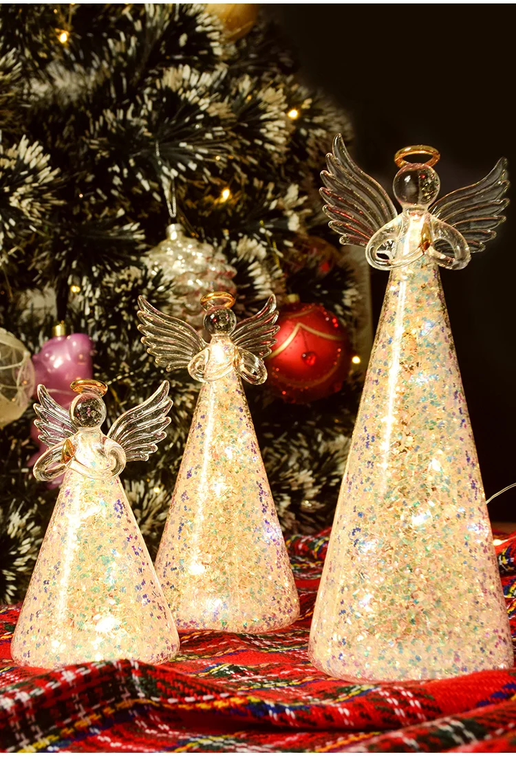 Led lighted glitter hand blown glass angel with led lights for Christmas decor manufacture