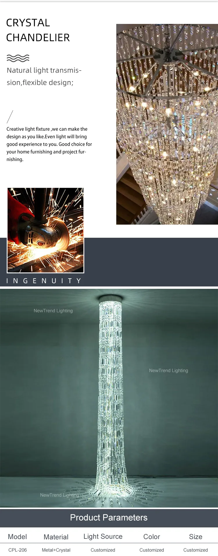 CPL-206 Custom Indoor Decoration Hotel Lobby Staircase Luxury Chain LED Crystal Chandelier manufacture