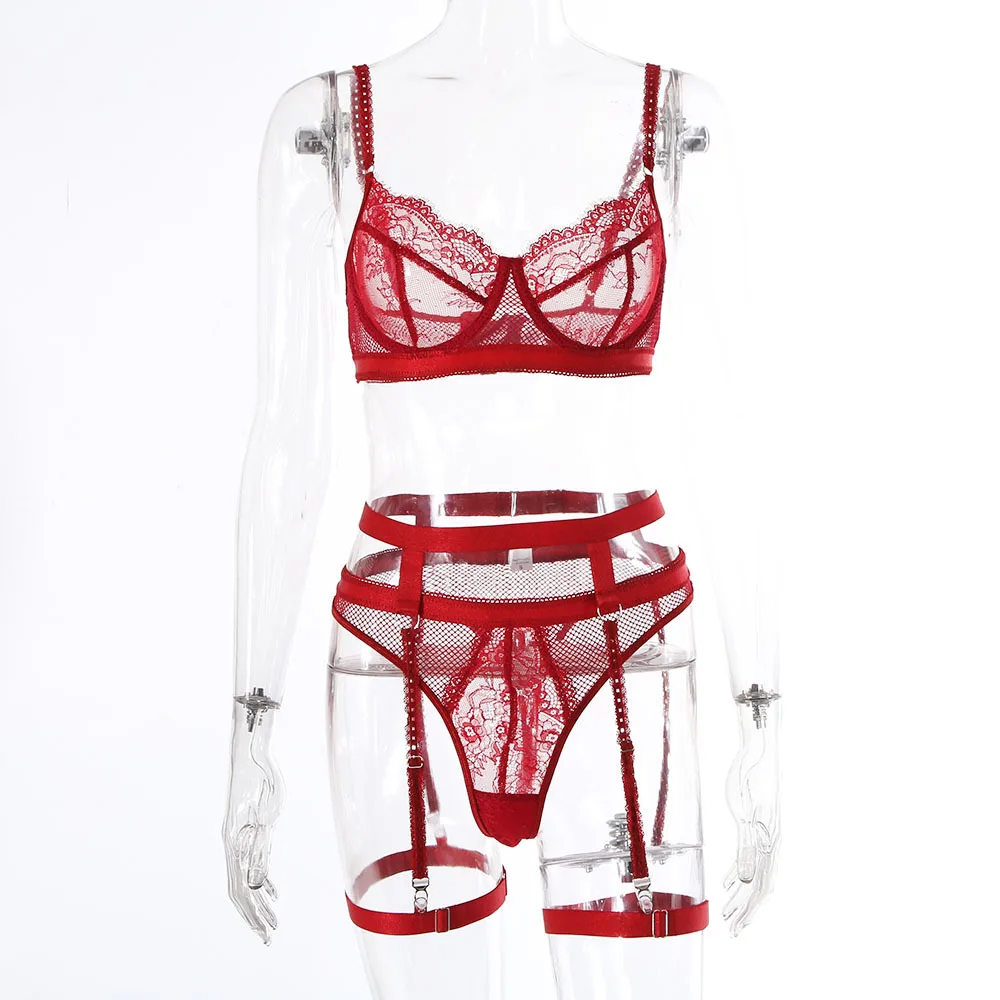 Best Selling Female Pushup Lace Bra High Waisted Strappy Lingerie Set