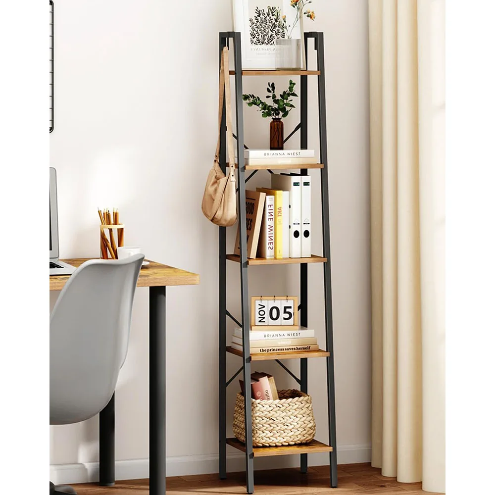 Modern 5-Tier Freestanding Corner Storage Bookshelf Industrial Design Oak Ladder Shelf with 2 Hooks factory