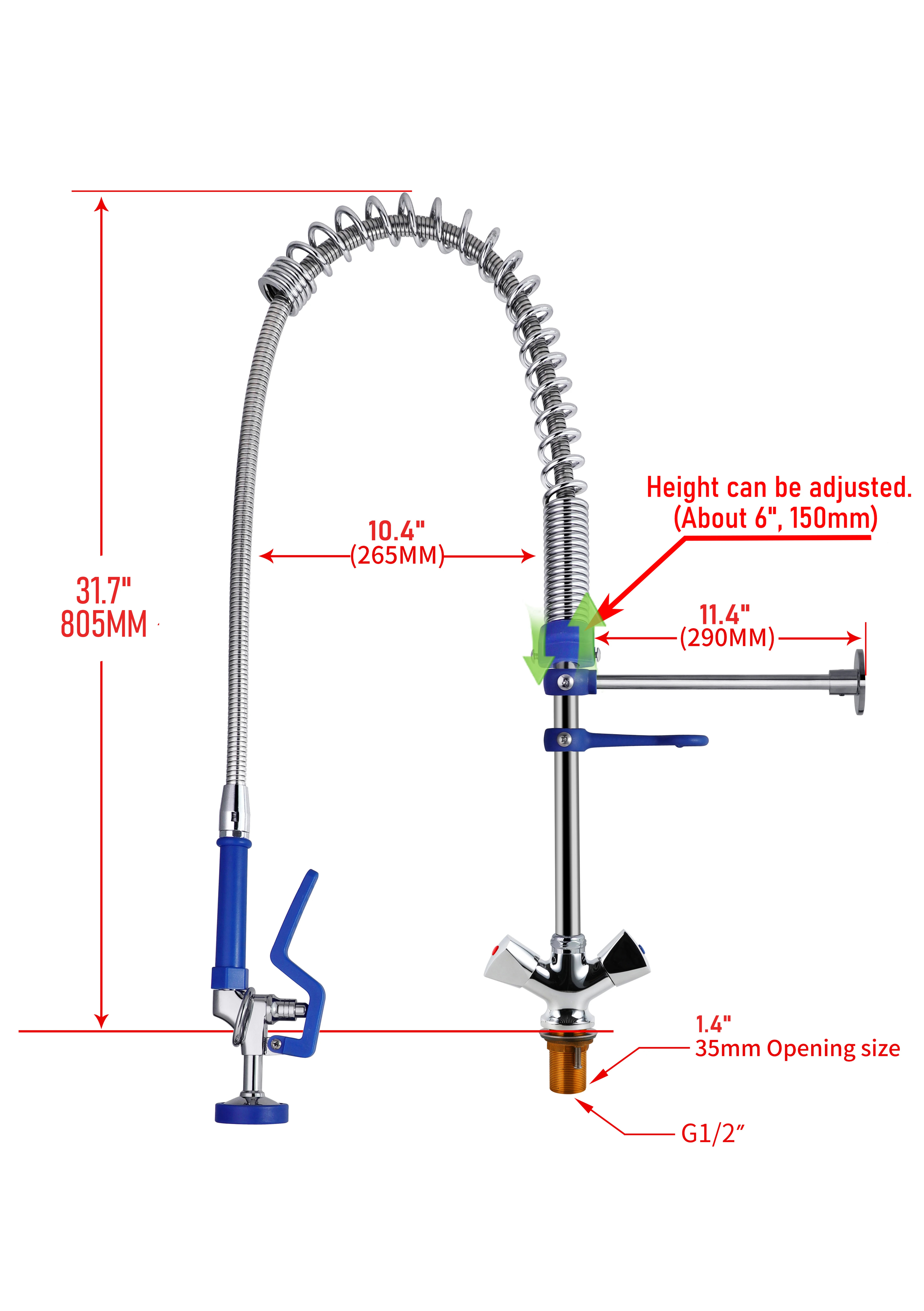 Commercial Dual Handle Pull Pre Rinse Deck Mounted Faucet Adjustable Height EasyInstall Handwheels Options Kitchen Sink Single details
