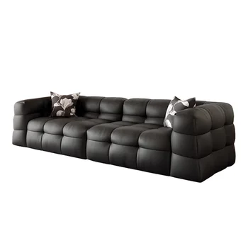 Italian Minimalist Black Cowhide Living Room Sofa Set Straight Row Furniture Sofa with Modern Design