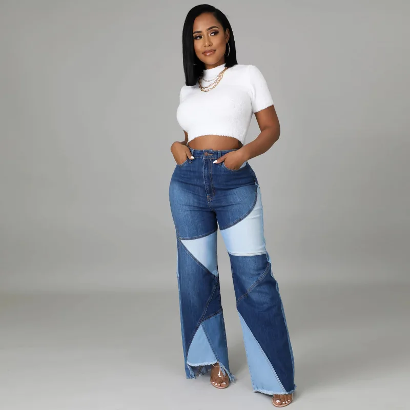 New drop women wide leg jeans patchwork colorblock fashion washed jean pants for women