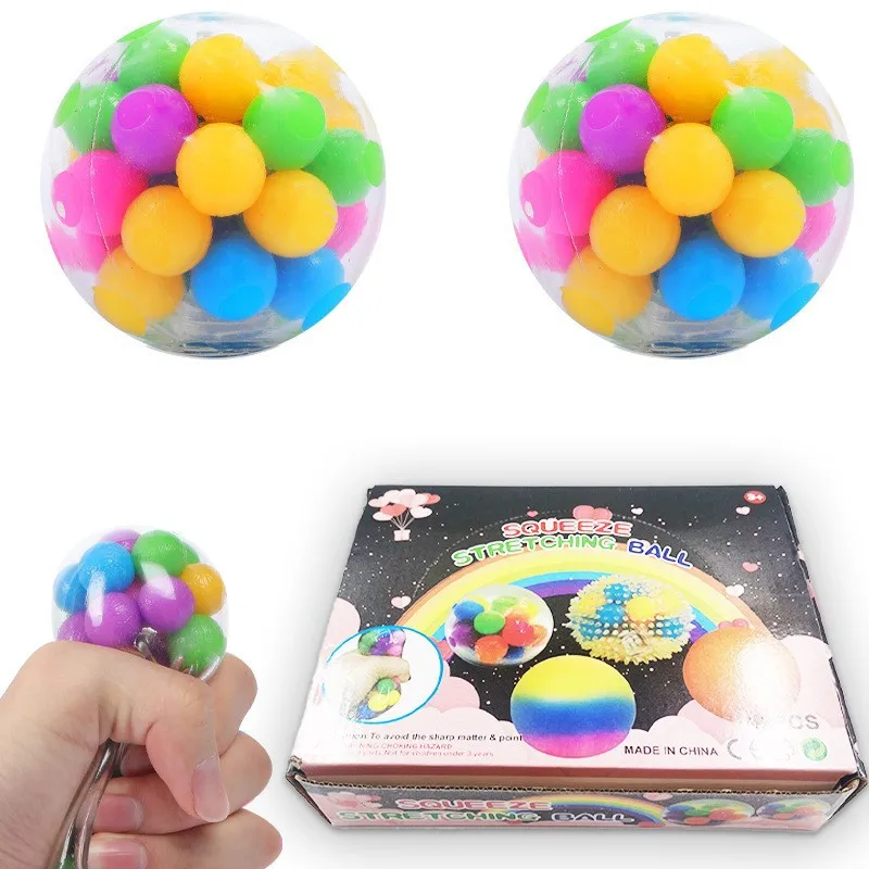 Squishy Rainbow Stress Ball Fidget Toy with DNA Colorful Beads Inside Relieve Stress Anxiety Hand Exercise Tool for Kids Adults 