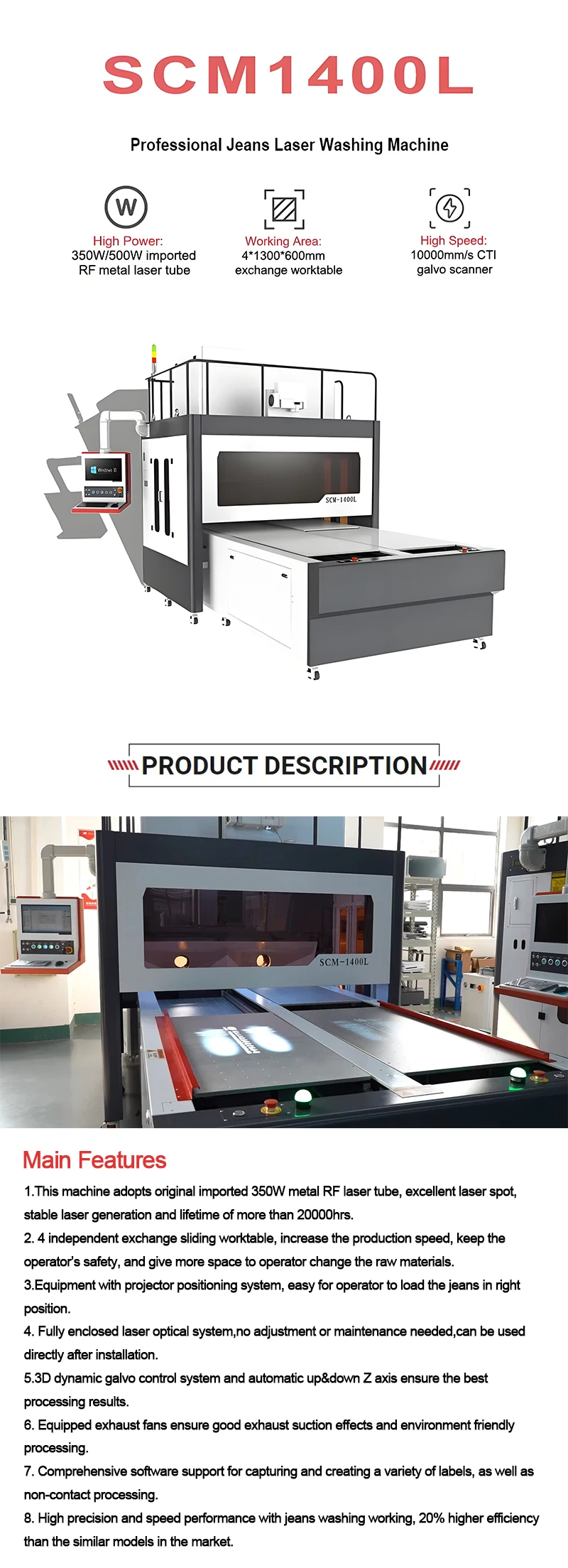 Dynamic Focus SCM1400L 3D Laser Engraving Machine for Denim Leather-Four 1300*600mm Exchange Tables AI/BMP Format-for Cloth