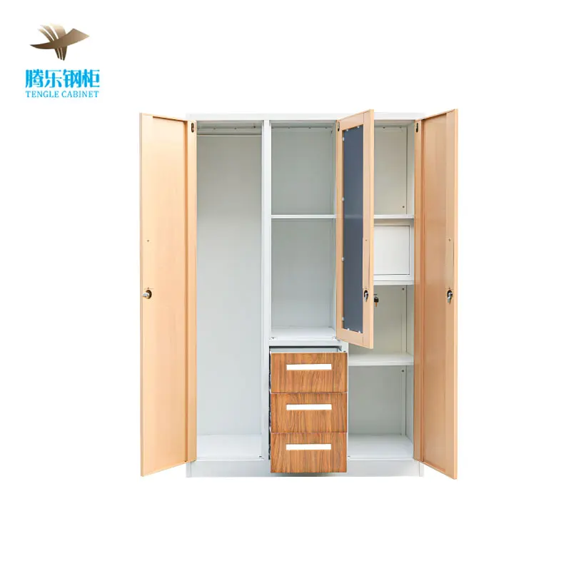 3-Door Steel Transfer Closet Mirror Wardrobe Almirah Cabinet Metal Wardrobes