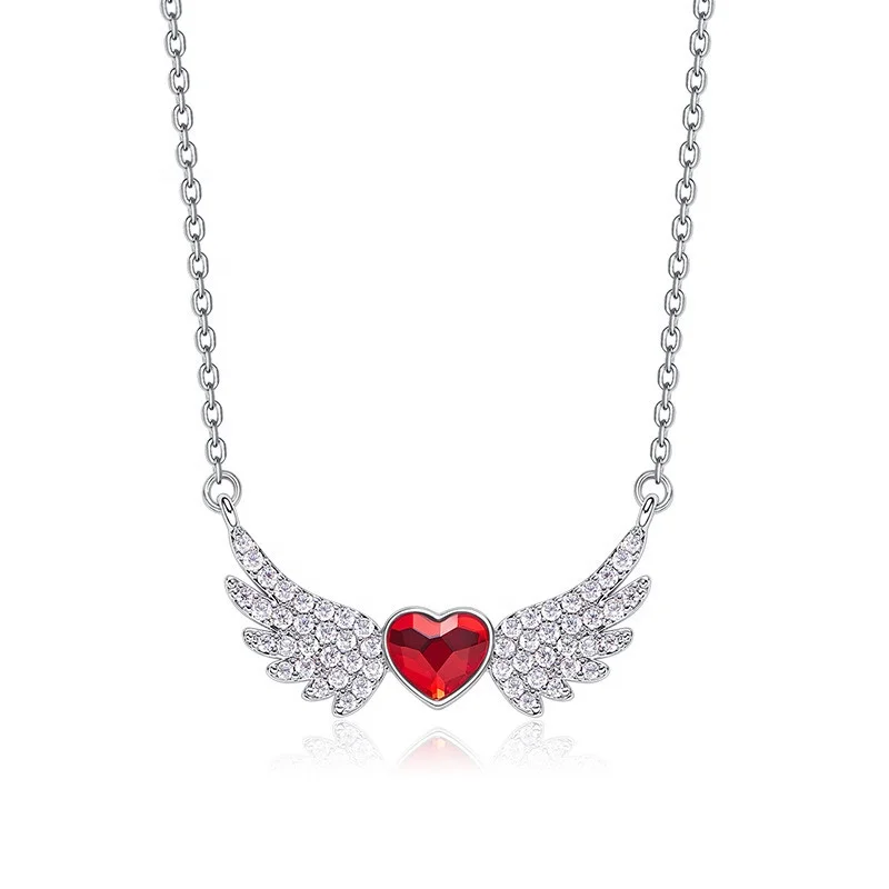 CDE YN0822 Austrian Crystal S925 Necklace Sterling Silver Jewelry Love Rhodium Plated Necklace Heart Shape Angel Wings Necklace