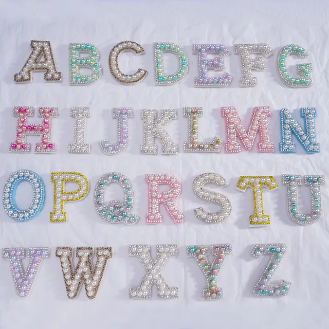 Pearl Alphabet Patches Iron On  Letter Applique 3D Handmade DIY Letter Rhinestone Patches