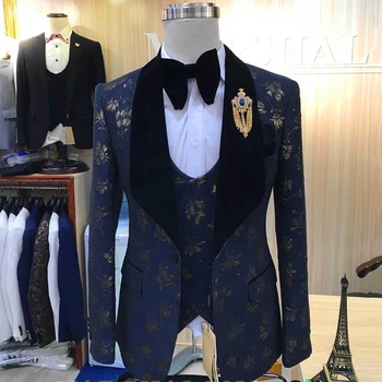 Italian Latest Casual printed suits for men High Quality for Wedding Party Men Print Suits set 3 pieces jacket vest pant