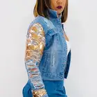 Women Jacket Casual Fashion Sequins Long Sleeve Women Denim Jacket With Pocket