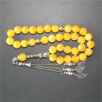 Islamic Rosary 10mm Resin Amber with Stainless Steel Tassel, Muslim 33 Prayer Beads,Worship Ramadan Tesbih Bracelet