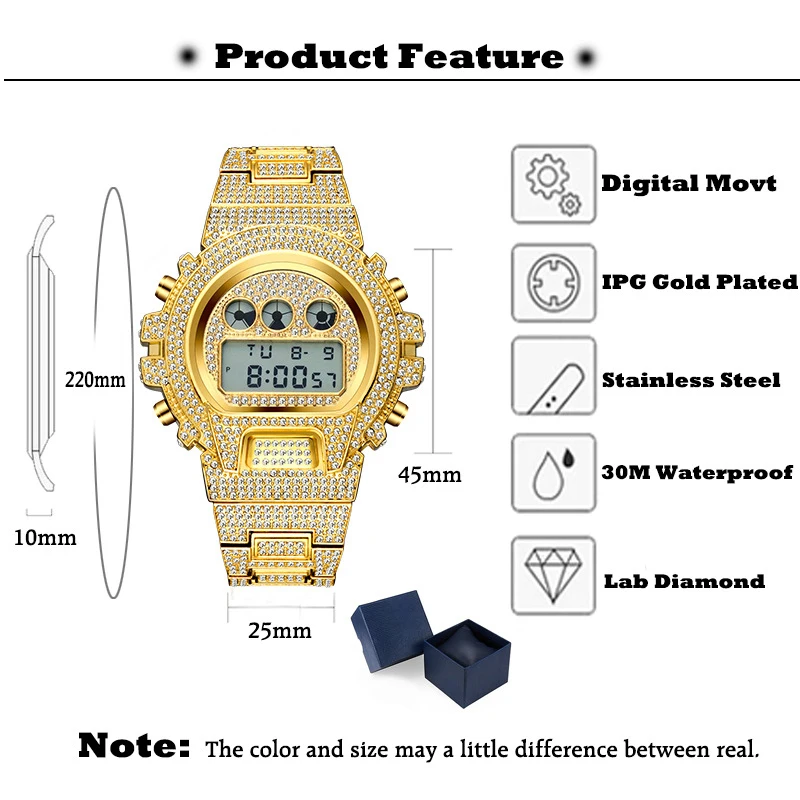 Fancy Bling Diamond LED Digital Watch Alloy Digital Watches For Men Fashion Multifunction Electronic Watch