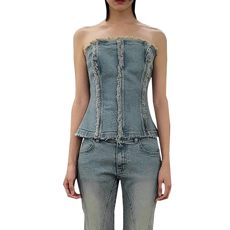 TWOTWINSTYLE Do Old Denim Strapless Sleeveless Slim Sexy Crop Tank Tops For Women 2023