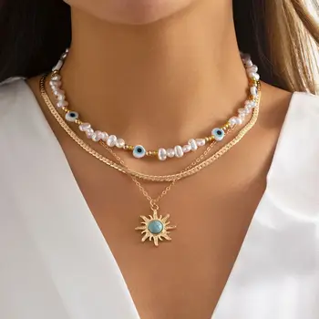 N624 New 3pcs set 18k Gold Plated Blue Evil Eyes Irregular Pearl Choker Necklace Multi Layers Turquoise Sun Pendant Necklace