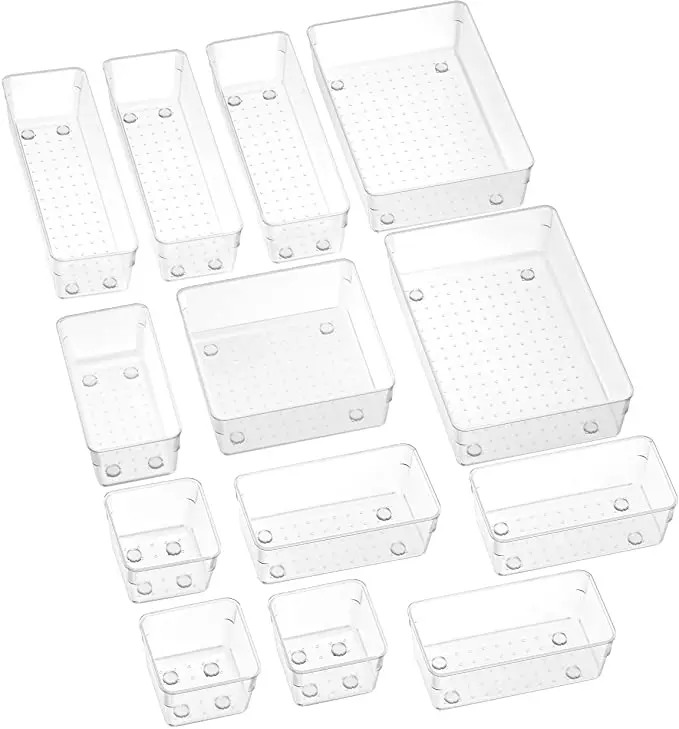 13pcs Household Clear Plastic Drawer Organizer Bins Home Organization Bathroom Bedroom Desktop Storage Box