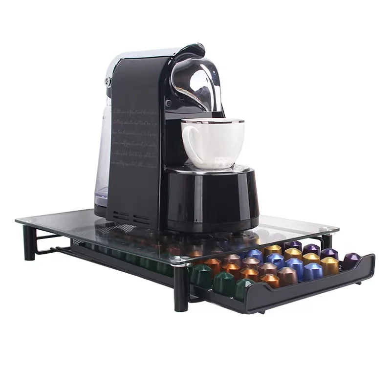 Custom Counter 60PCS Coffee Pod Holder Organizer Glass Metal Drawer Nespresso Capsules Coffee Pods Rack