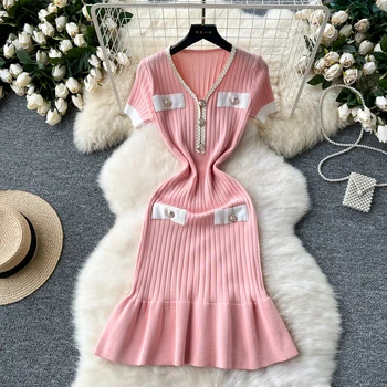 LE2381 Autumn Sexy V-Neck Package Hips Ruffles Mini Dress Summer Y2k Knitted Bodycon Ladies Dress Korean Party Sweater Dress