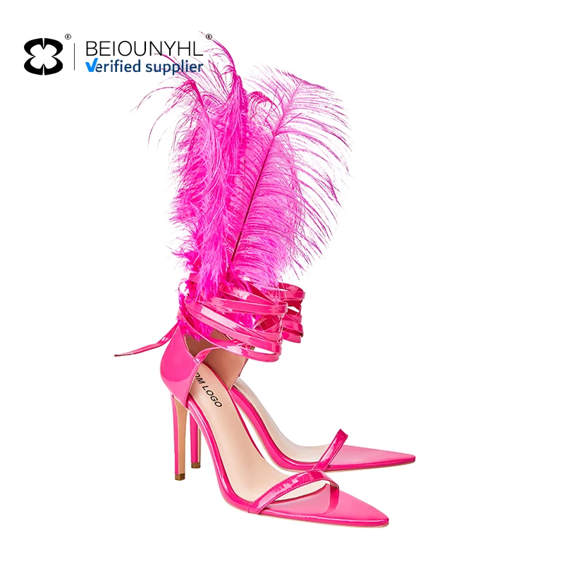 OEM Hollow Stiletto Feather Strap High-heeled Sandals Ladies Detachable Nightclub Dance Sexy Dress High Heels Sandals For Women