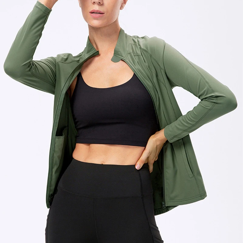 Long Sleeve Full Zipper Yoga Jackets Plus Size Sports Yoga Tops Workout Wear Gym Fitness Clothing Sportswear Women Running Coat