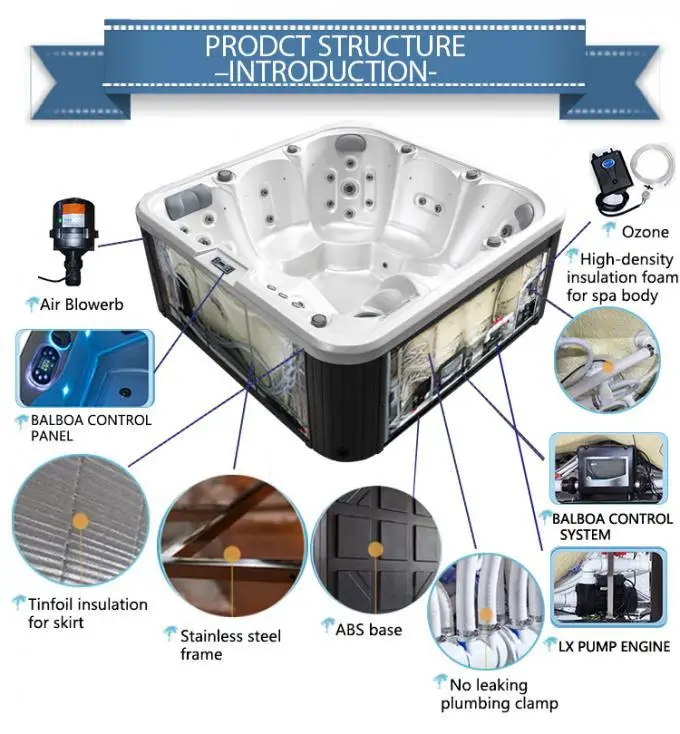 Acrylic Hot Tub Whirlpool Spa Tub with 30 Jets and Balboa BP601G1 + TP500 Control System for 5 People Family Outdoor
