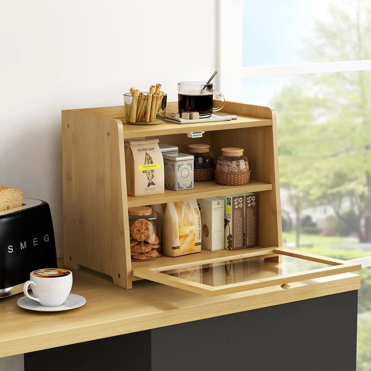 product bamboo bread box vintage wooden kitchen counter organizer storage cabinet for bread coffee spices snacks in bedroom bathroom-8