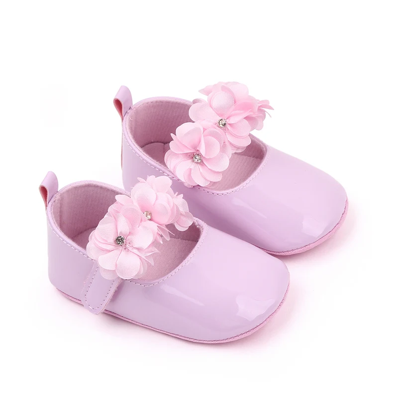 Solid Color Leather Rhinestones Flower Baby Girls Fashion Princess Small Leather Shoes for Toddler Shoes factory