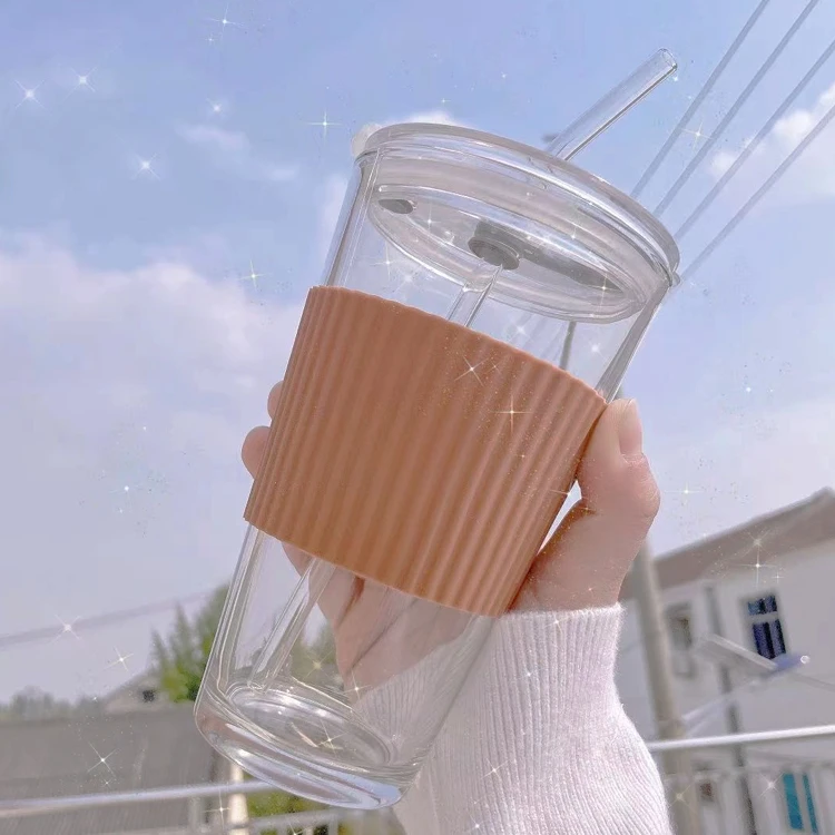 Borosilicate Glass Cup Shape Glassware Reusable Portable Home Glass Mug With Straw