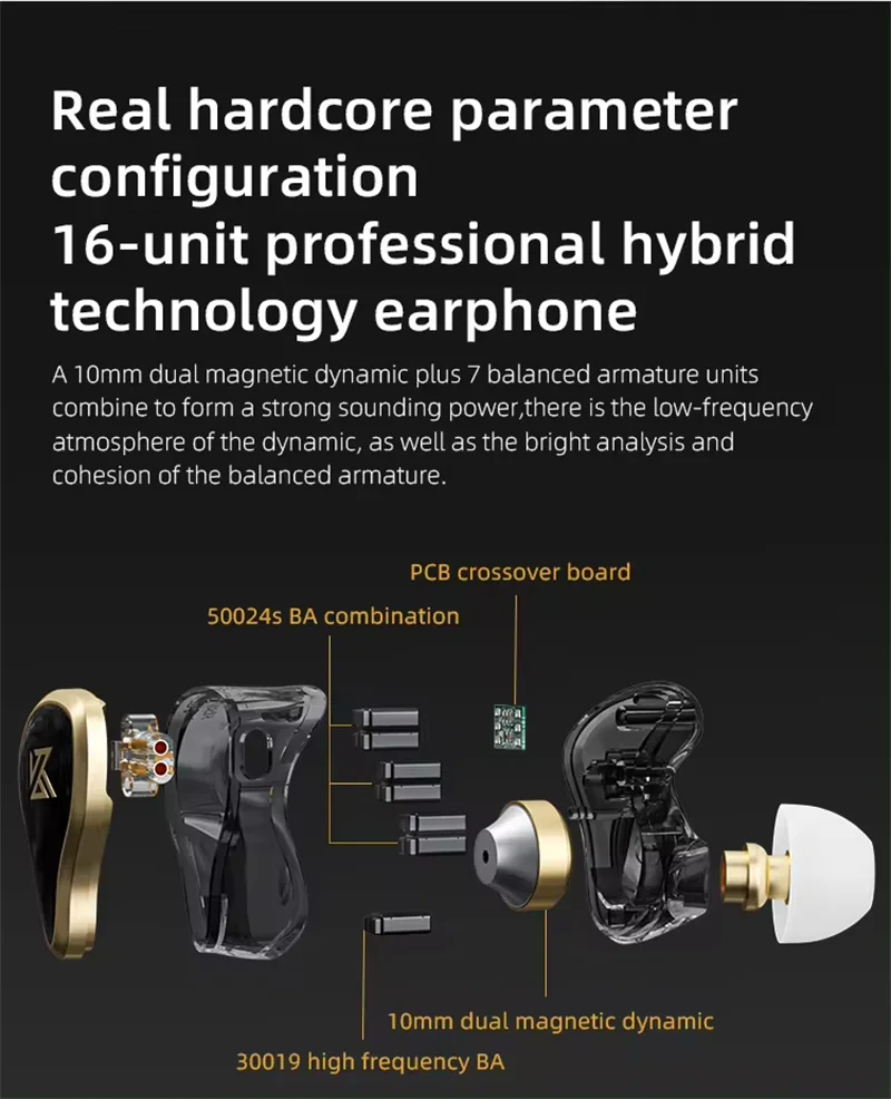 KZ ZAS 1DD+7BA Hybrid Technology Earbud In-Ear Headphones HiFi Bass Stereo Earbuds Sport Noise Cancelling Earphones