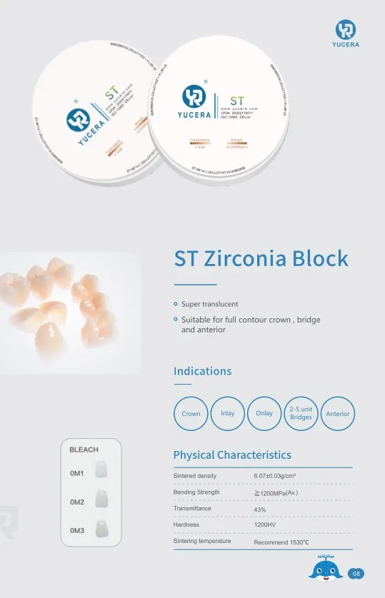 YUCERA ST White Zirconia Block Dental Lab Use Cad Cam 98mm White Blank Zirconia Blocks for 5 Axis Dental Milling Machine