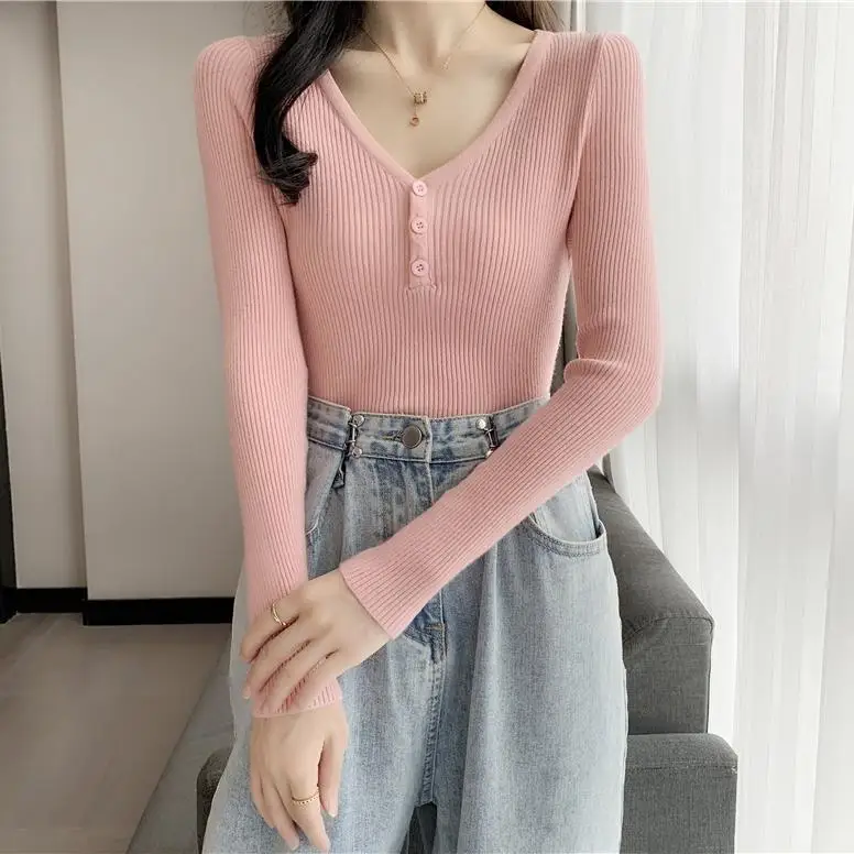 Spring Autumn Women Knitwear Button V-neck Pullover Base Tops Long Sleeve Solid Color Knit Lady Slim Clothes Casual Sweater