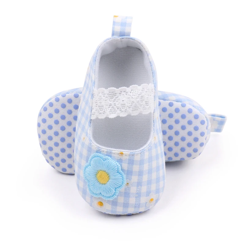 Fresh Plaid Solid Cute Little Flower Lace Elastic Baby Girls Princess Soft Soled Toddler Shoes supplier