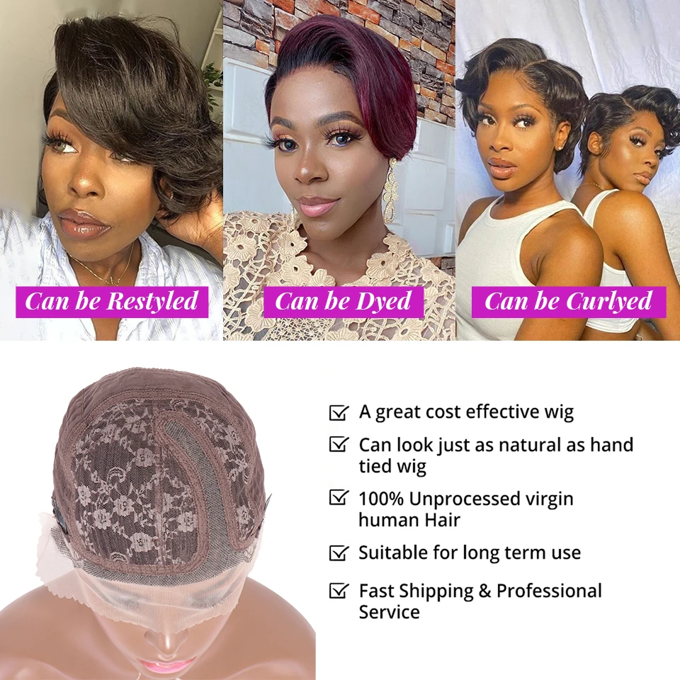 Cheap T Part Transparent Lace Frontal Wig For Women Straight Bob Pre-plucked Human Hair Pixie Cut Wig Straight Human Hair Wigs