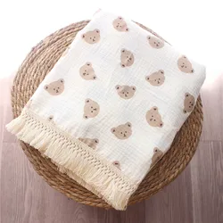 Newborn Blanket Cotton Printed Bear Infant Gauze Blanket Swaddling Blanket Soft Baby Tassel