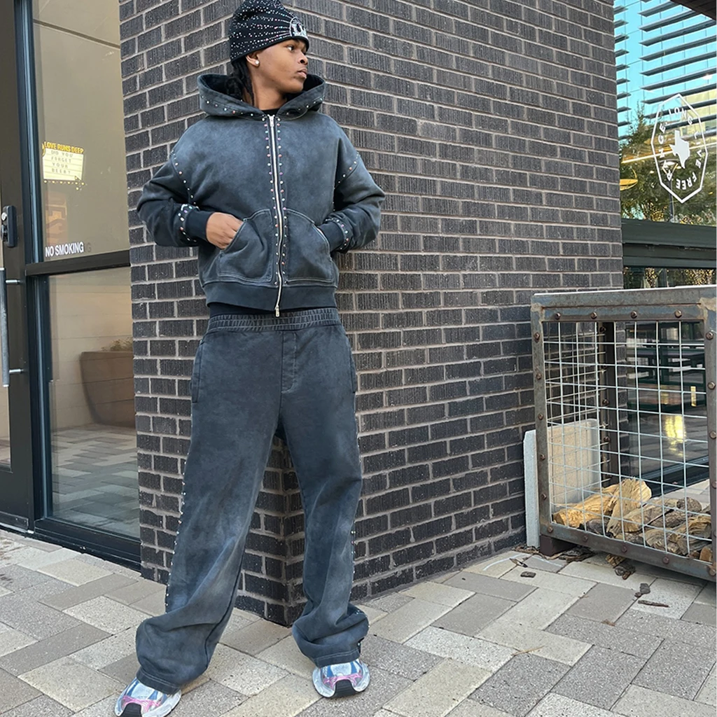 product mens hoodies rhinestone 100 cotton sweatpants and hoodie acid wash set oversized full zip up custom heavyweight for men-5