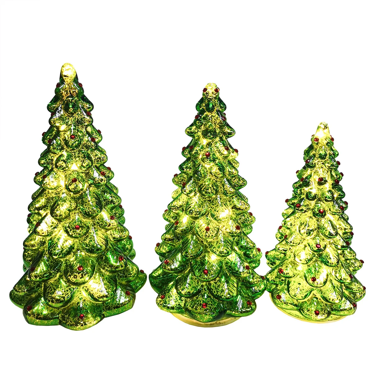 Set of 3 led light up illuminated little green standing mercury hand blown glass Xmas Christmas hue tree decor supplier manufacture