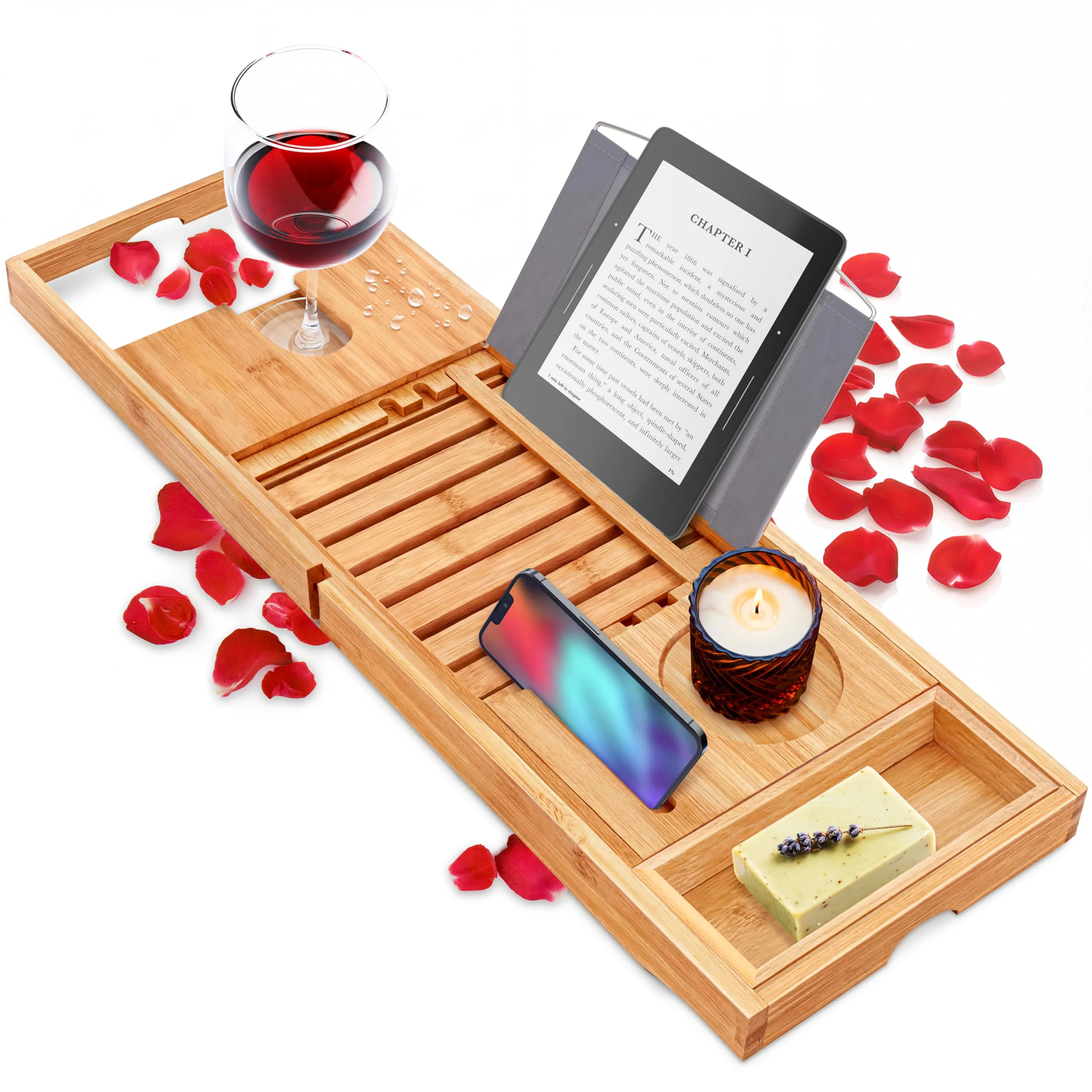 product luxury bamboo bathtub caddy tray extendable bath tub organizer bathtub tray wine glass holder bathroom accessories-3