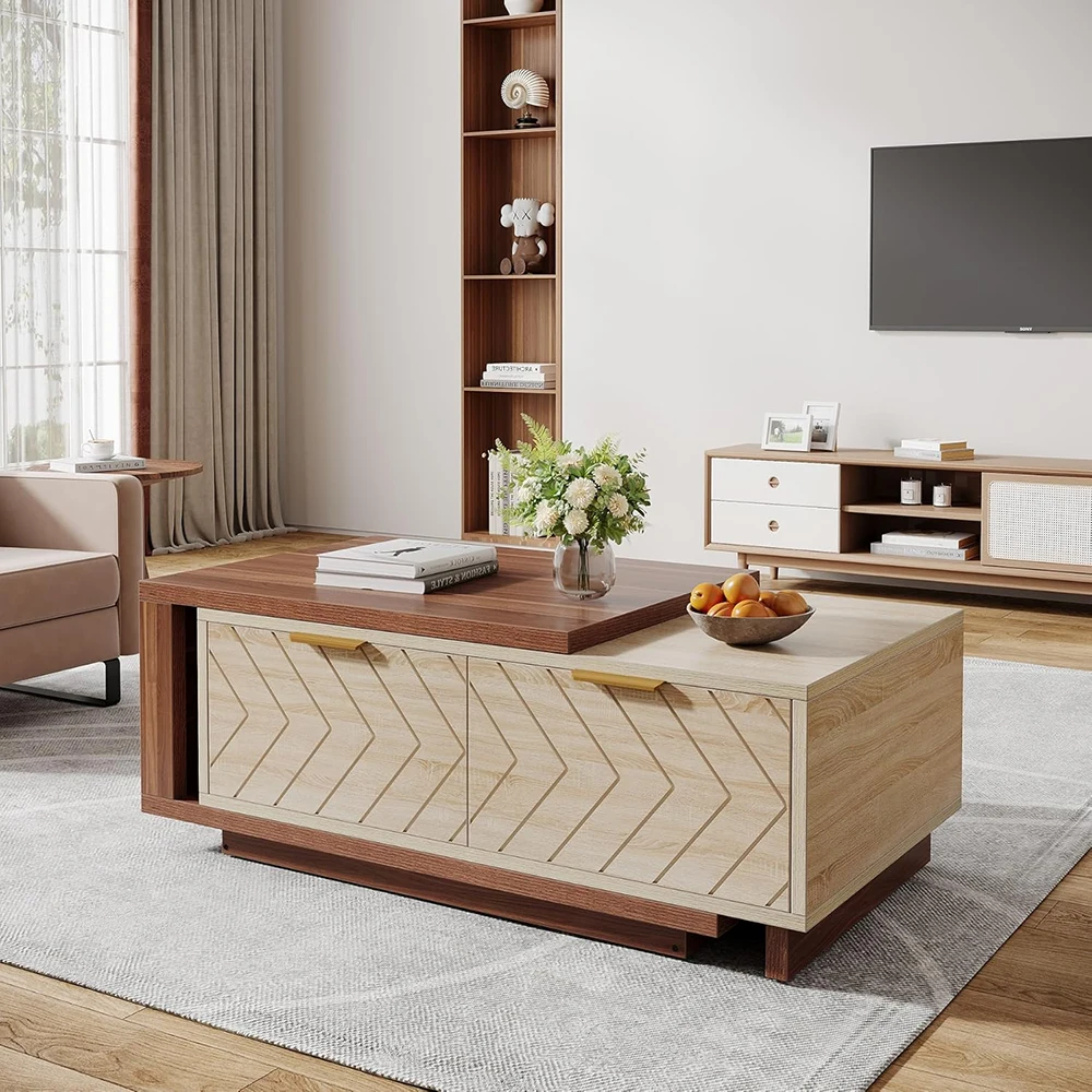 Adjustable Length Reversible Wood 42"-65" Extendable Coffee Table 2 Storage Drawers Dual-Tone Large Long Rectangular Table details