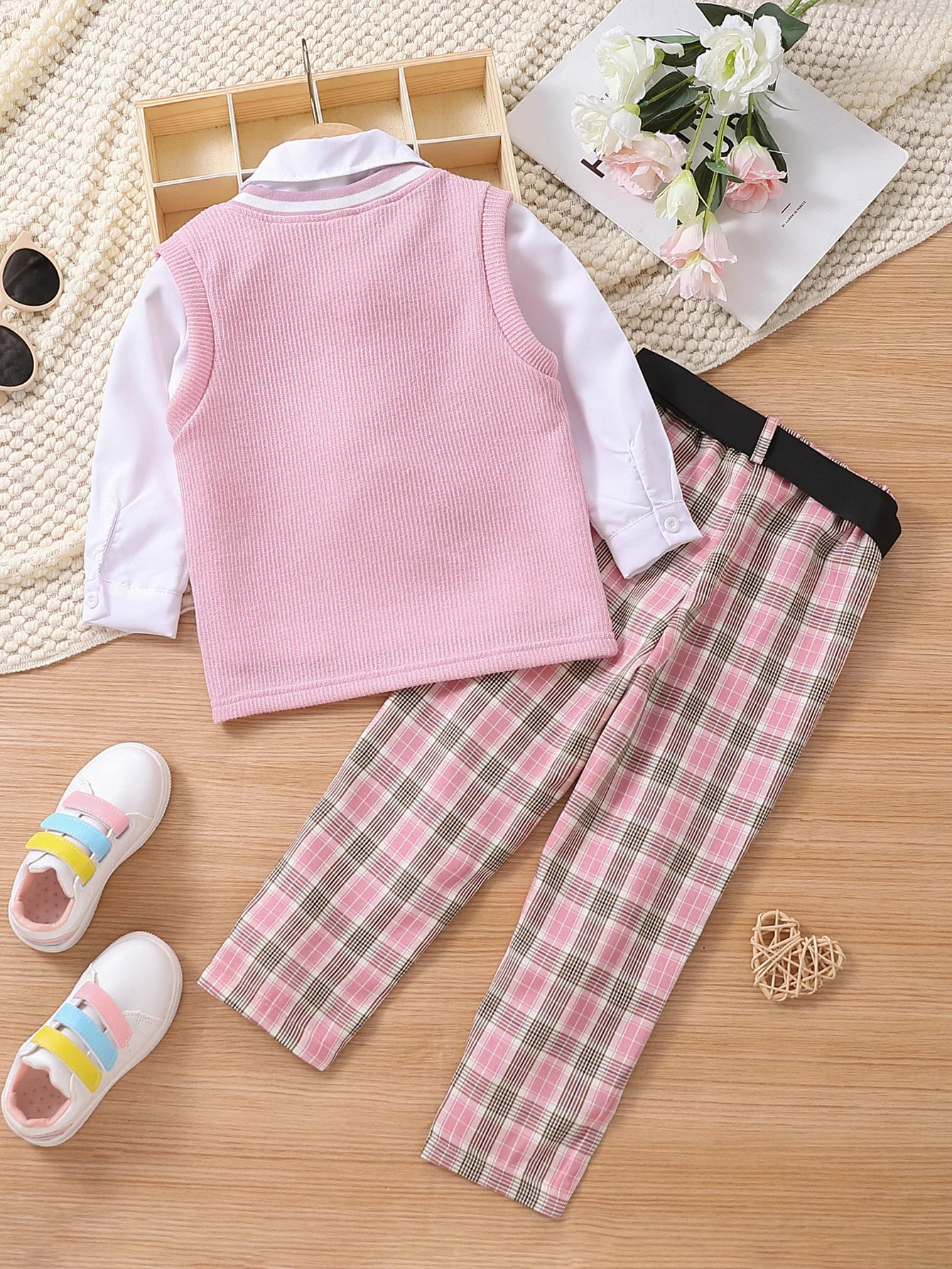 Toddler kids clothing outfits little girls preppy style shirt match sweater vest+pink plaid pants kids boutique outfits