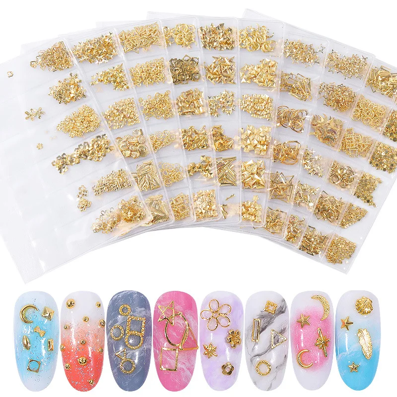 product hollow metal frame 3d nail stickers luxury manicure accessories gold rivet patch nail drill decoration-30