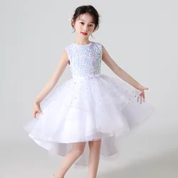 2023 summer new girls sleeveless sequin one-dress train skirt long princess dress