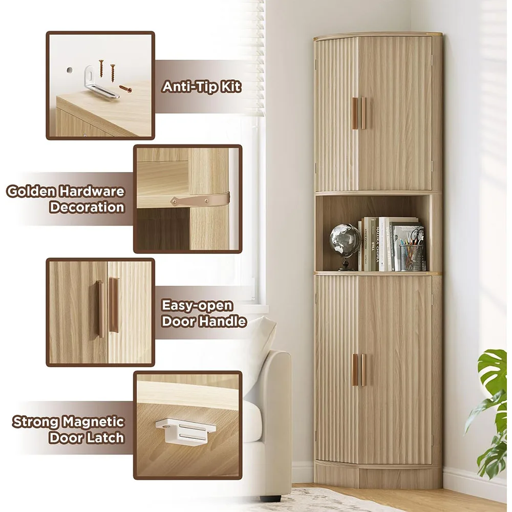 68" Tall Modern Wood Corner Storage Cabinet 4 Doors 5 Shelves Pantry Hutch Cupboard Space Saver Kitchen Living Room manufacture