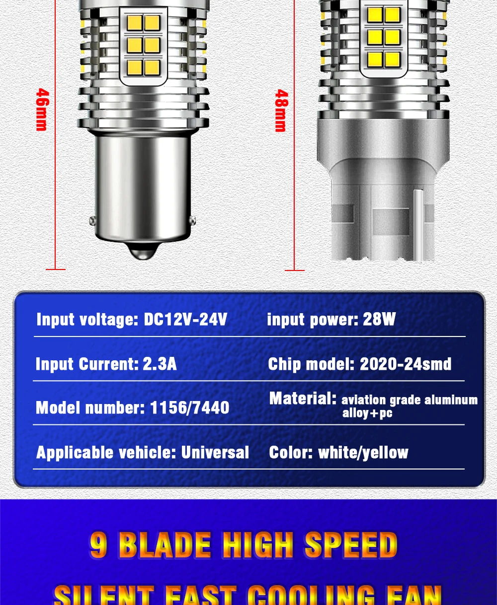 12V-24V No Hyper Flash LED Lamps White Amber ba15S BAU15S 1156 T20 DRL Turn Signal Light bulbs with Fan 7440 reversing led bulb