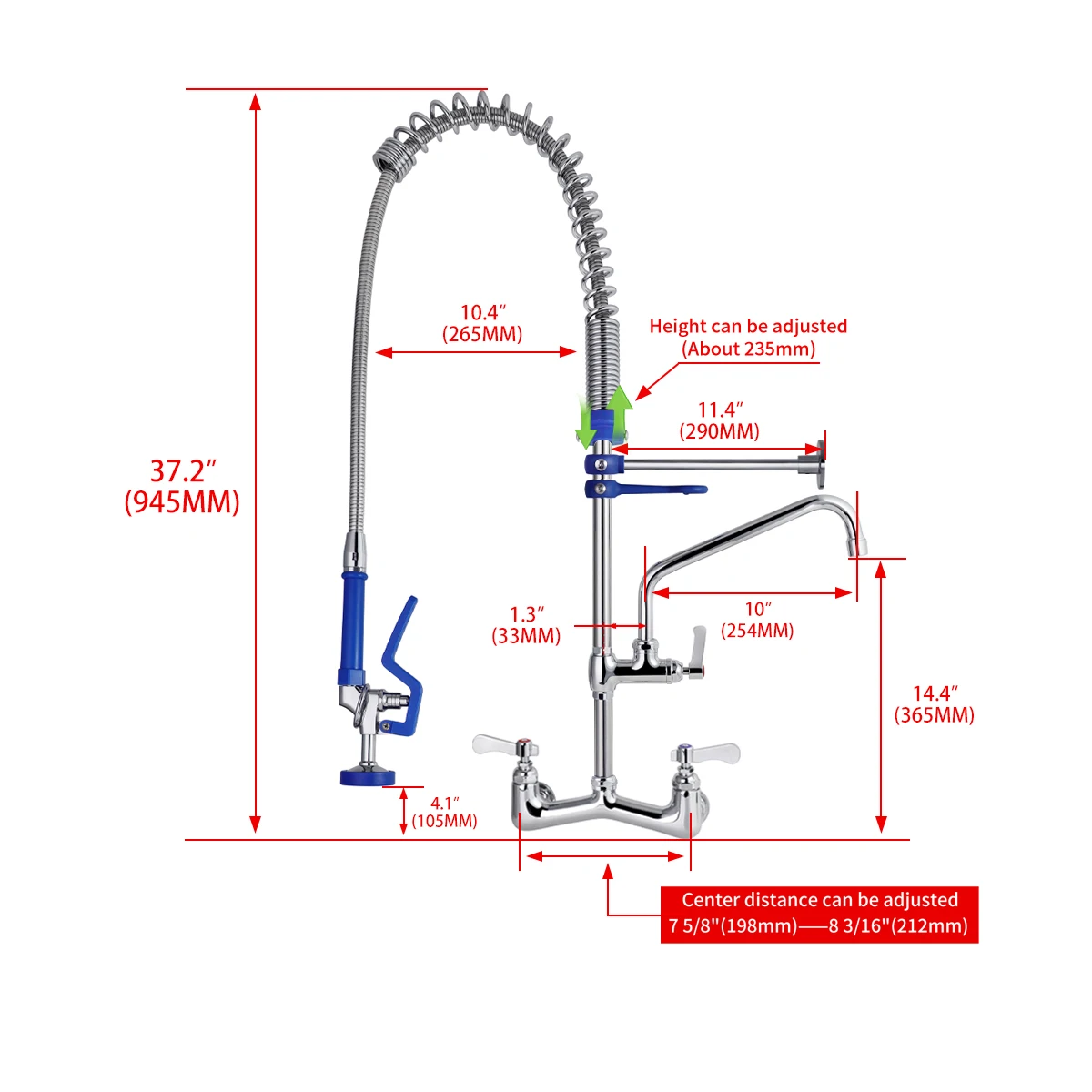 Commercial Restaurant Kitchen Faucet Wall Mounted Short Type Pre-Rinse Sprayer with Dual Handle Dual Tap 2-Hole Installation supplier